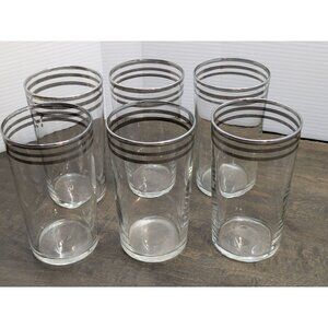 Set Of 6 Vtg. Mid-Century Modern Clear Glass Tumblers Triple Silver Band Design
